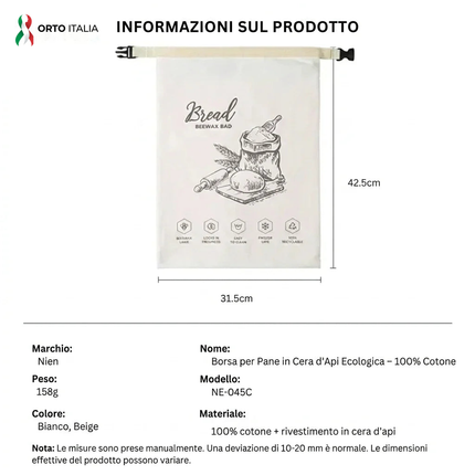 Sacchetto Portapane in Cera d'Api Biologica - 100% Cotone Bio